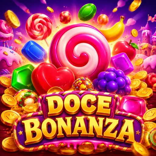 Tela de gameplay de slot com cluster de doces e multiplicadores
